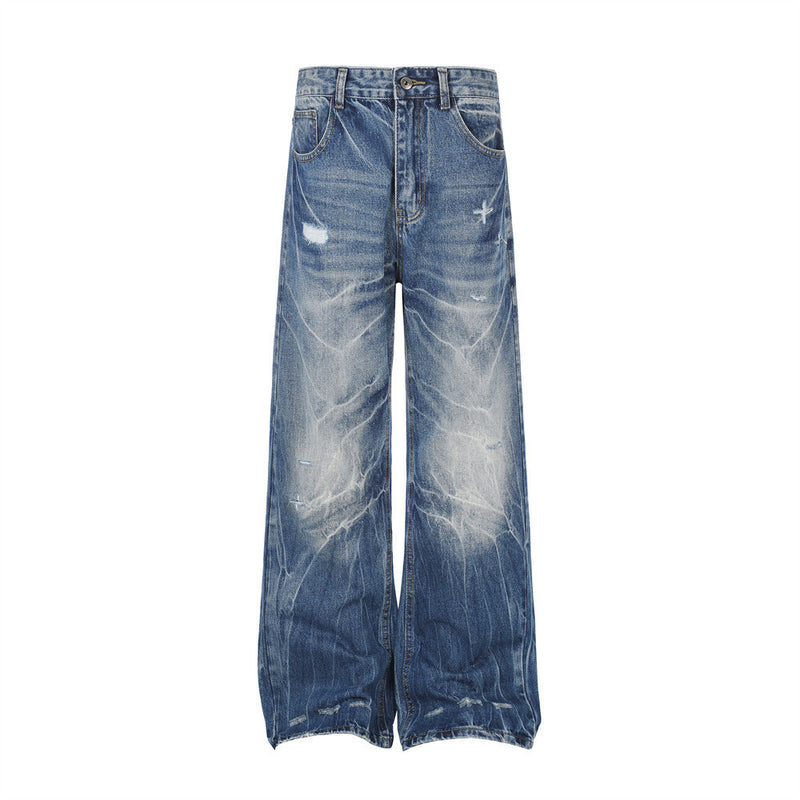 Jeans délavés usés à jambes larges – Denim vintage punk délavé pour homme