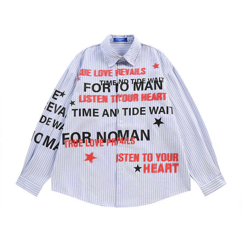 Graphic Button-Up Shirt – Hip-Hop Letter Print Vertical Stripe Long Sleeve