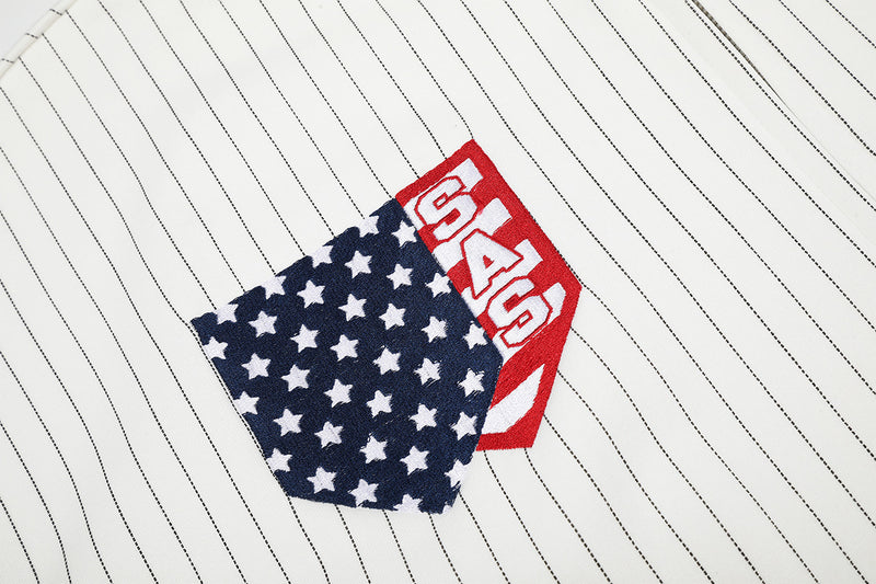 Pinstripe Zip-Up Hoodie with American Flag Embroidery & Script Sleeve Print