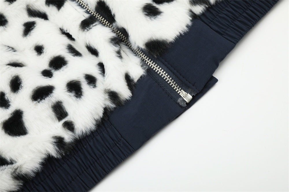 Reversible Stand-Collar Jacket Men's Dalmatian Faux Fur & Nylon Oversized Bomber