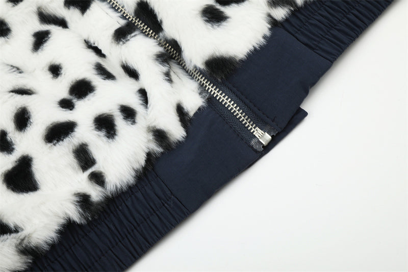 Reversible Stand-Collar Jacket Men's Dalmatian Faux Fur & Nylon Oversized Bomber