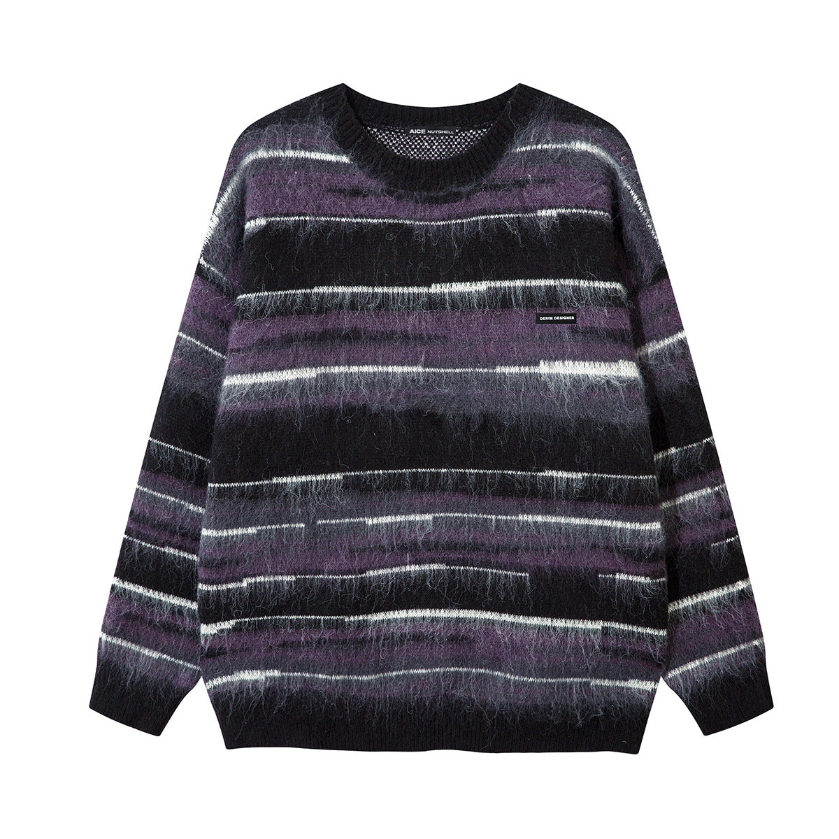 Striped Fuzzy Knit Crew Neck Sweater – Relaxed Fit Mohair-Style Pullover