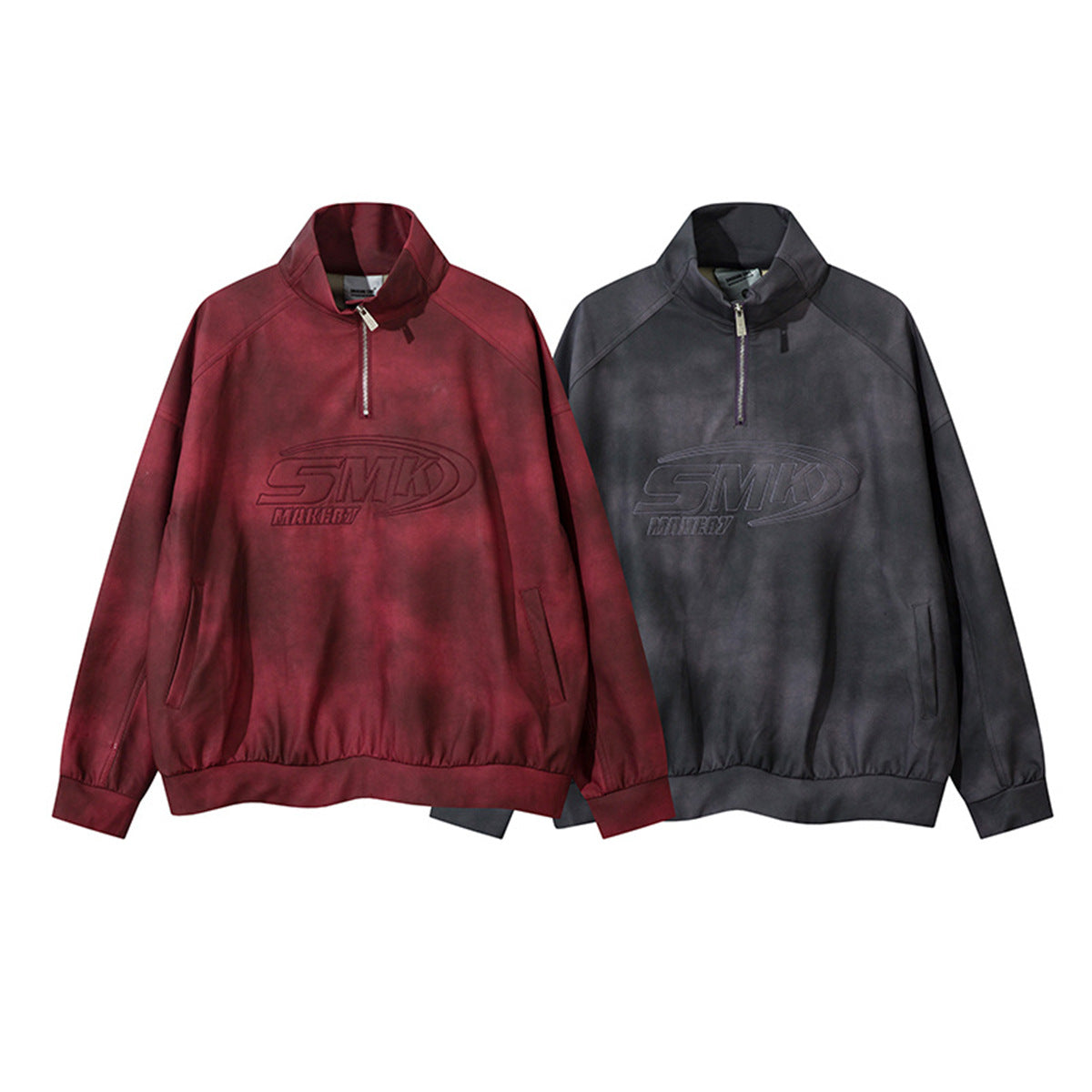 Sweat-shirt pull SMK à demi-zip effet acid wash, rouge et gris anthracite, logo embossé et col montant