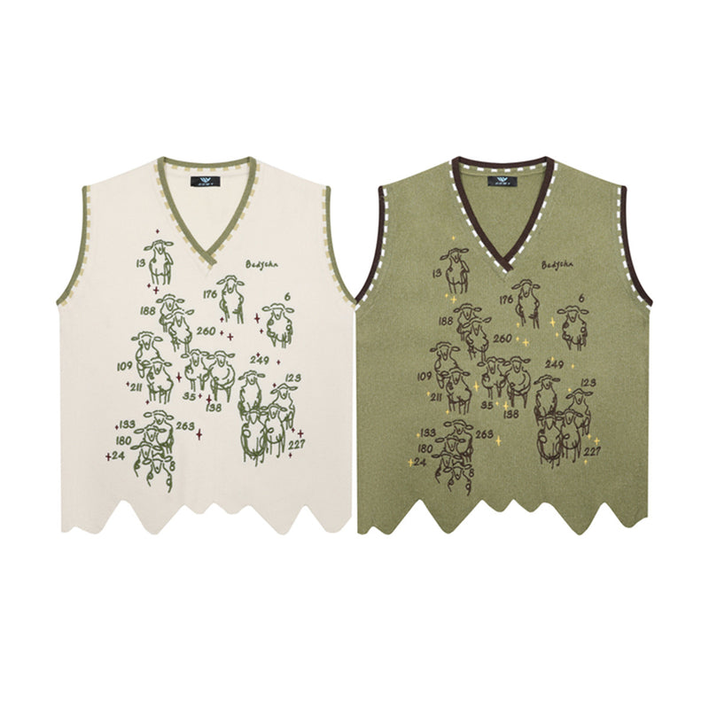 V-Neck Knit Sweater Vest with Sheep Jacquard Graphic — Retro College Style