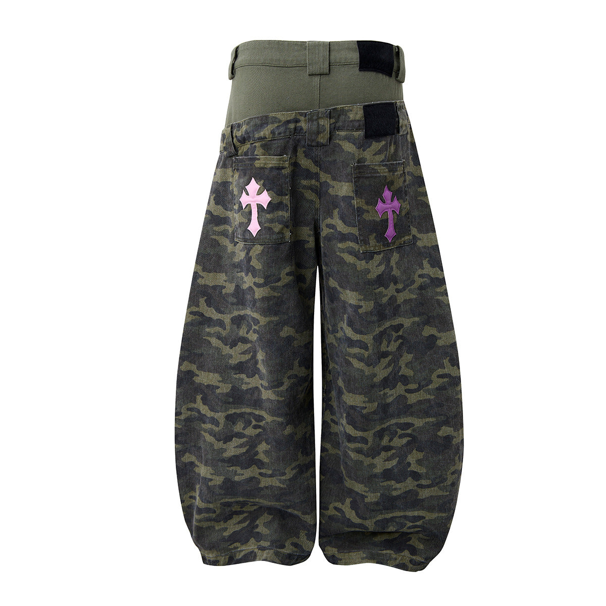 Camo Wide-Leg Balloon Pants – High-Waist Layered Faux Two-Piece with Cross Patch