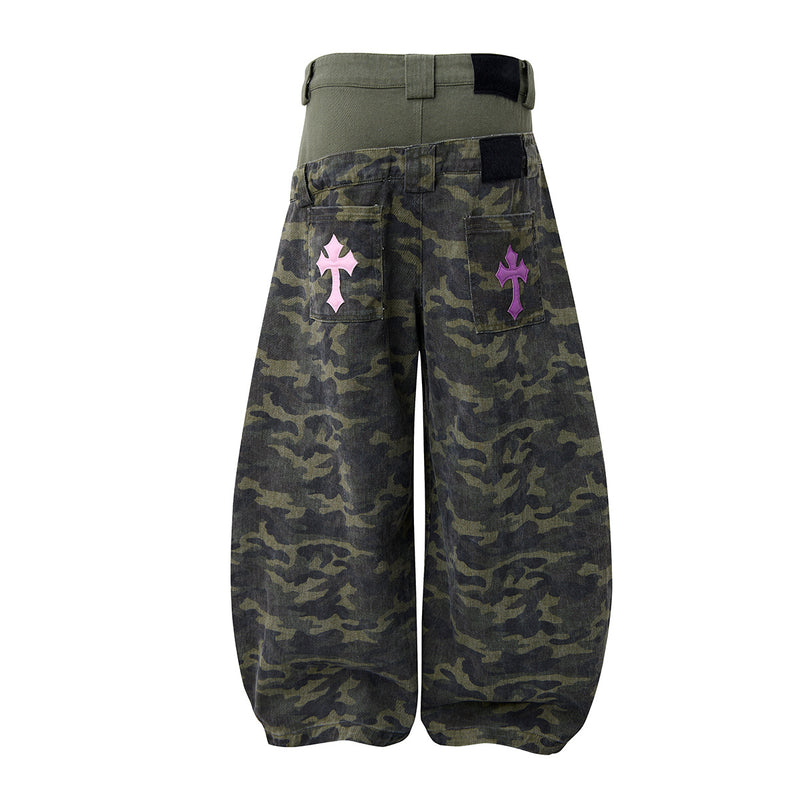 Camo Wide-Leg Balloon Pants – High-Waist Layered Faux Two-Piece with Cross Patch