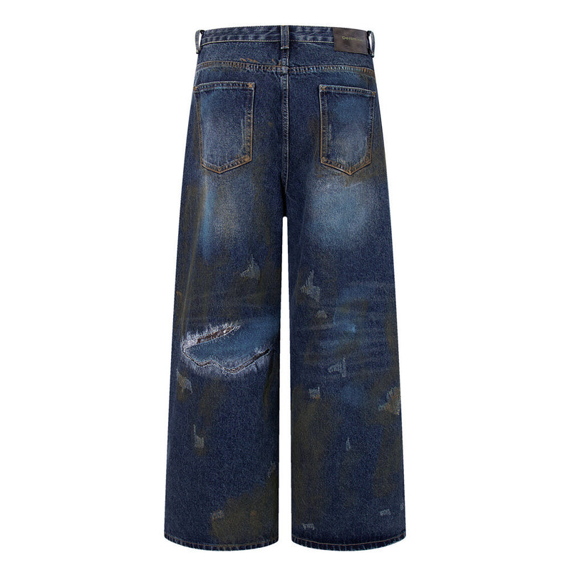 Distressed Patch Wide-Leg Jeans – Grunge Punk Washed Denim