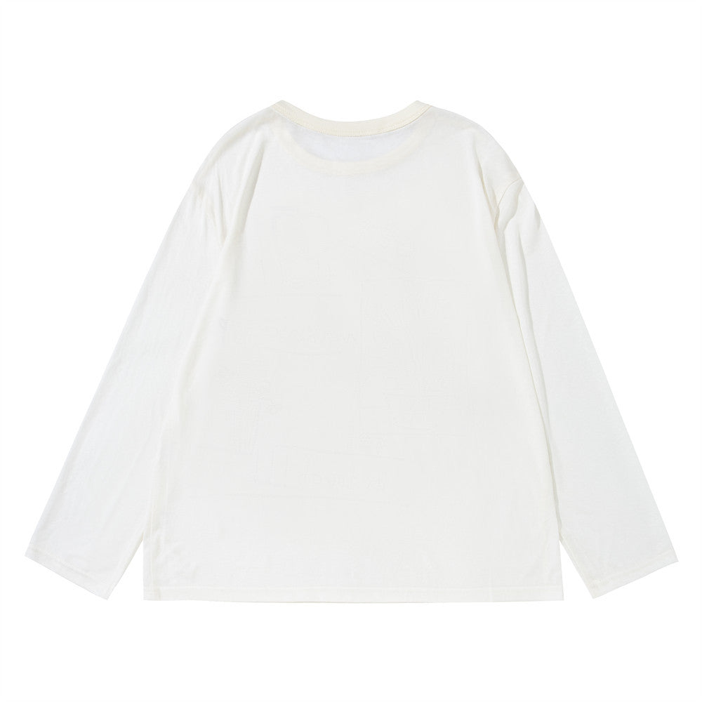 Cartoon Doodle Graphic Long Sleeve Tee – Oversized Crew Neck Shirt