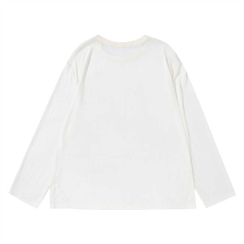 Cartoon Doodle Graphic Long Sleeve Tee – Oversized Crew Neck Shirt