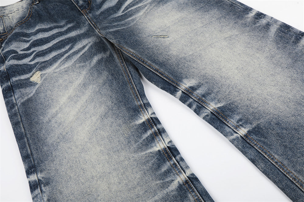 Vintage Wash Wide-Leg Flare Jeans – Men's Distressed Crease-Effect Denim