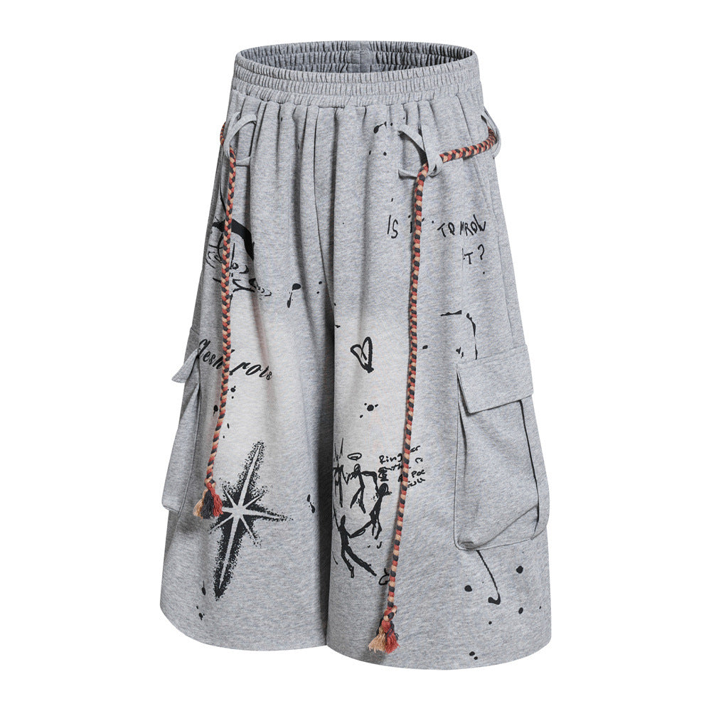 Hand-Drawn Graffiti Cargo Shorts – Wide Leg Streetwear with Rope Drawstring