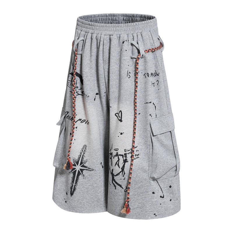 Hand-Drawn Graffiti Cargo Shorts – Wide Leg Streetwear with Rope Drawstring