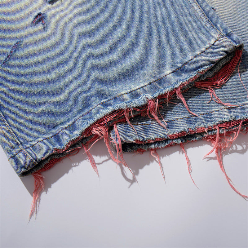 Ripped Wide-Leg Denim Shorts – Pink Thread Distressed, Washed Blue