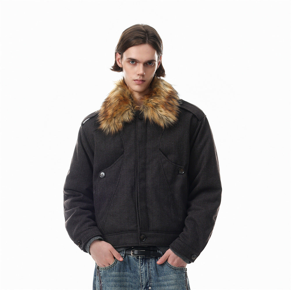 Men's oversized dark charcoal cotton jacket with detachable golden faux fur collar, front and back view