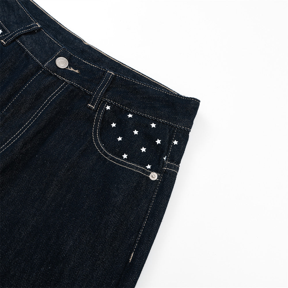 Jean homme wide leg délavé foncé avec détail de broderie étoile