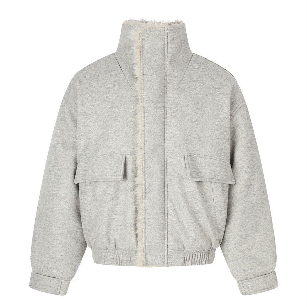 Men's Wool-Blend Sherpa-Lined Stand Collar Bomber Jacket