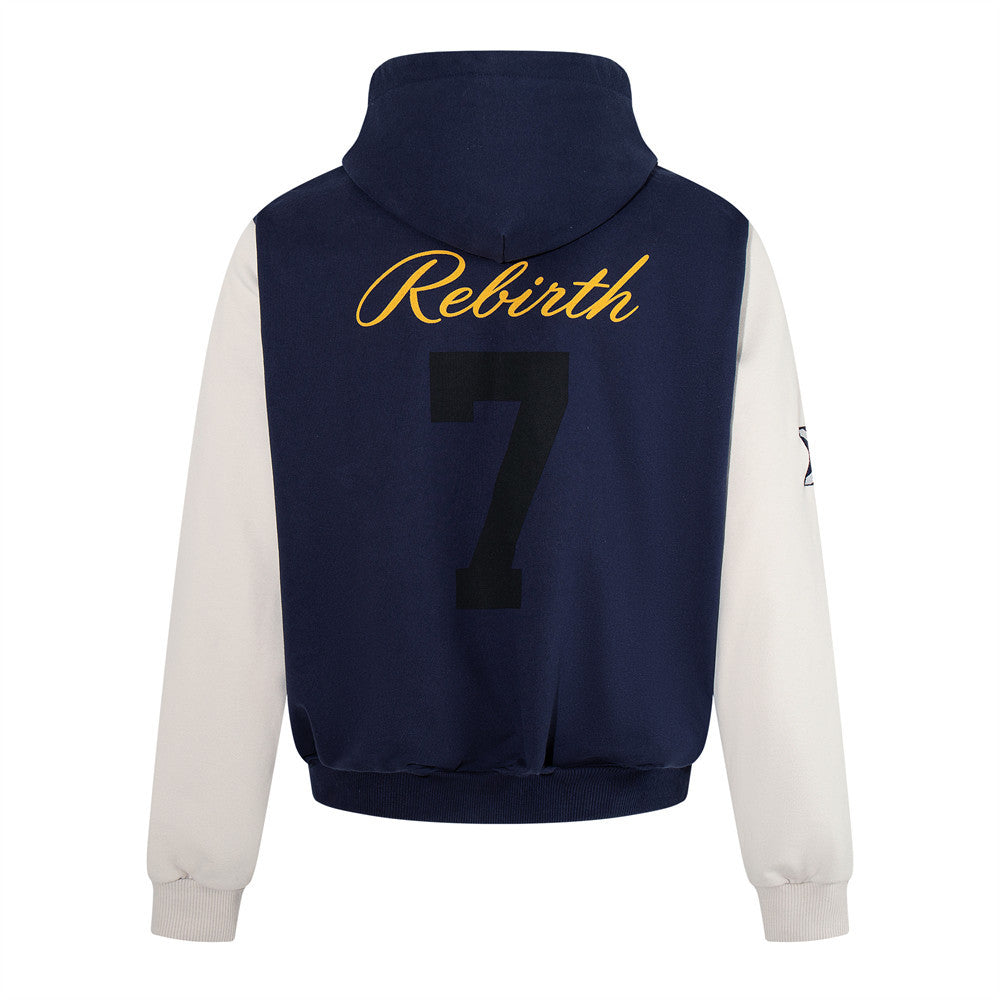 Rebirth 7 Colorblock-Zip-Hoodie – Distressed Varsity-Sweatshirt in Navy & Creme