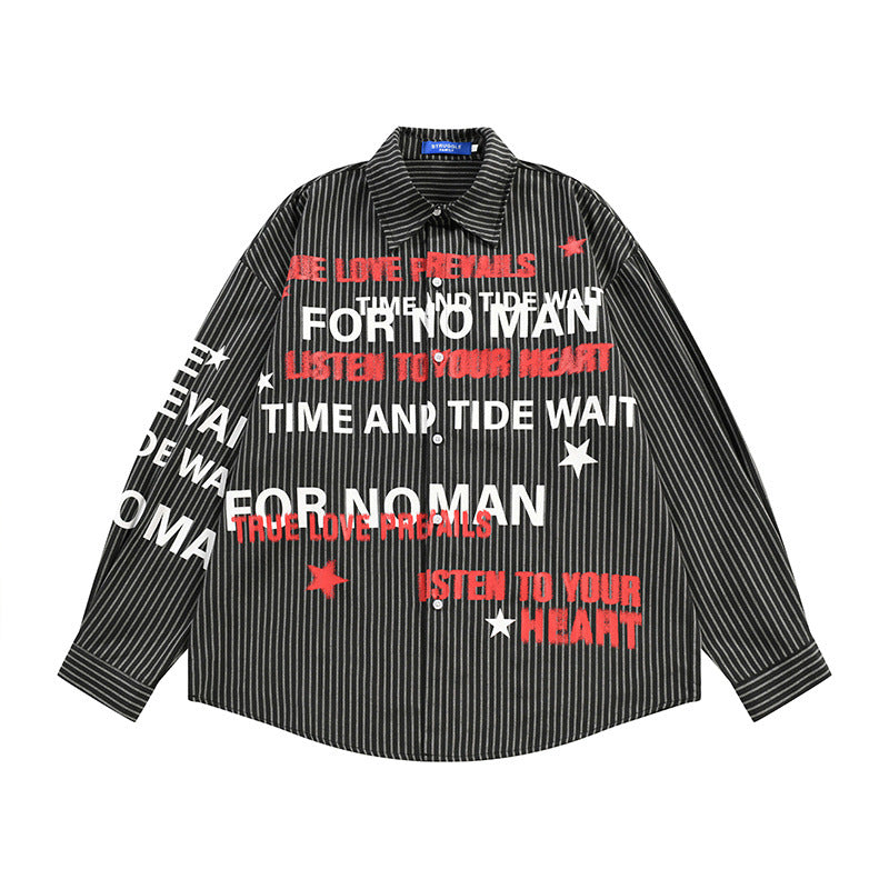 Graphic Button-Up Shirt – Hip-Hop Letter Print Vertical Stripe Long Sleeve