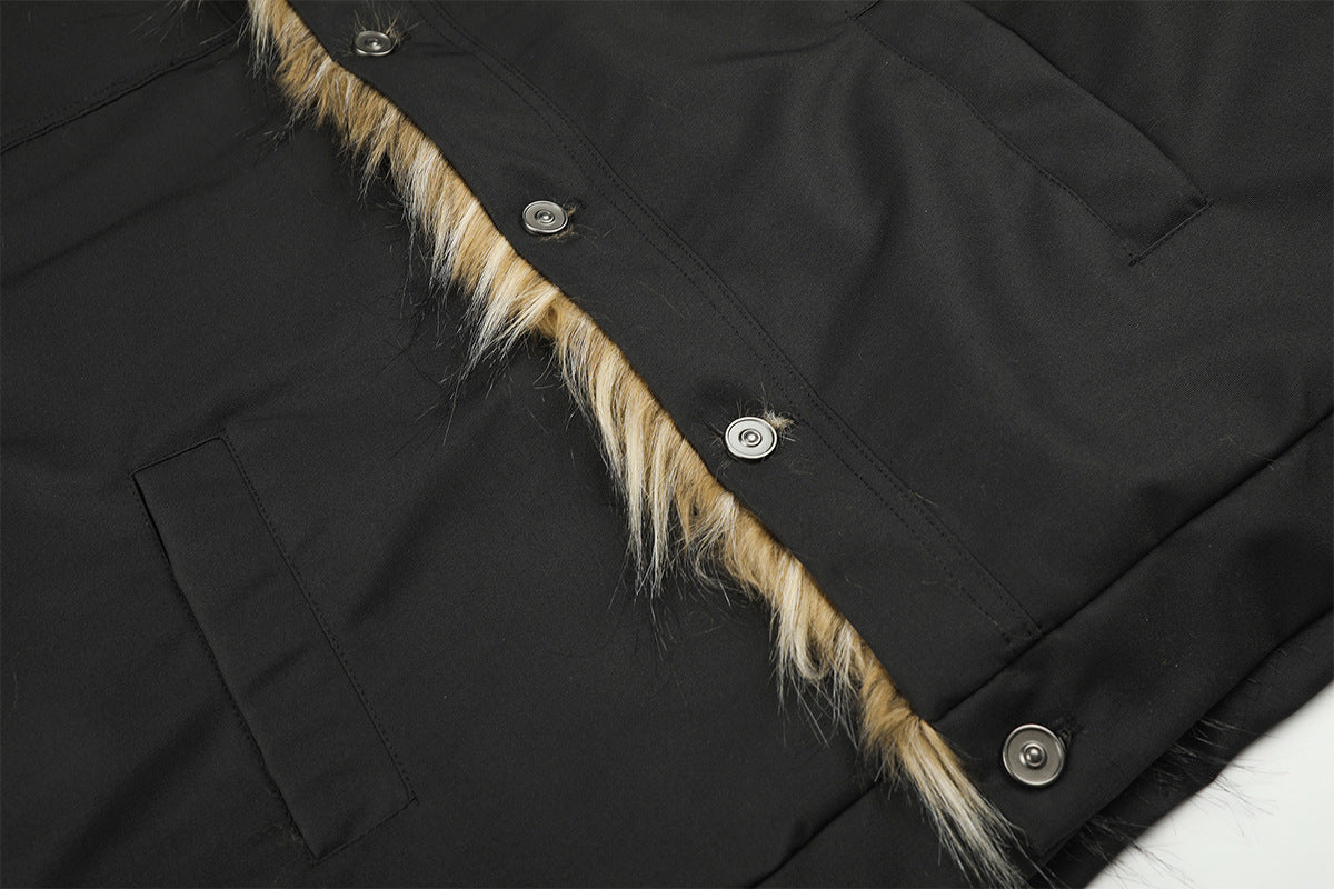 Faux Fur Trim Padded Jacket with Stand Collar & Button Front