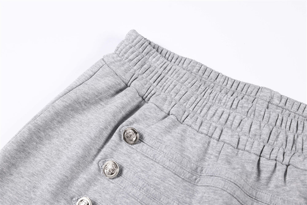 Wide-Leg Sweatpants with Double-Breasted Metal Buttons & Elastic Waist