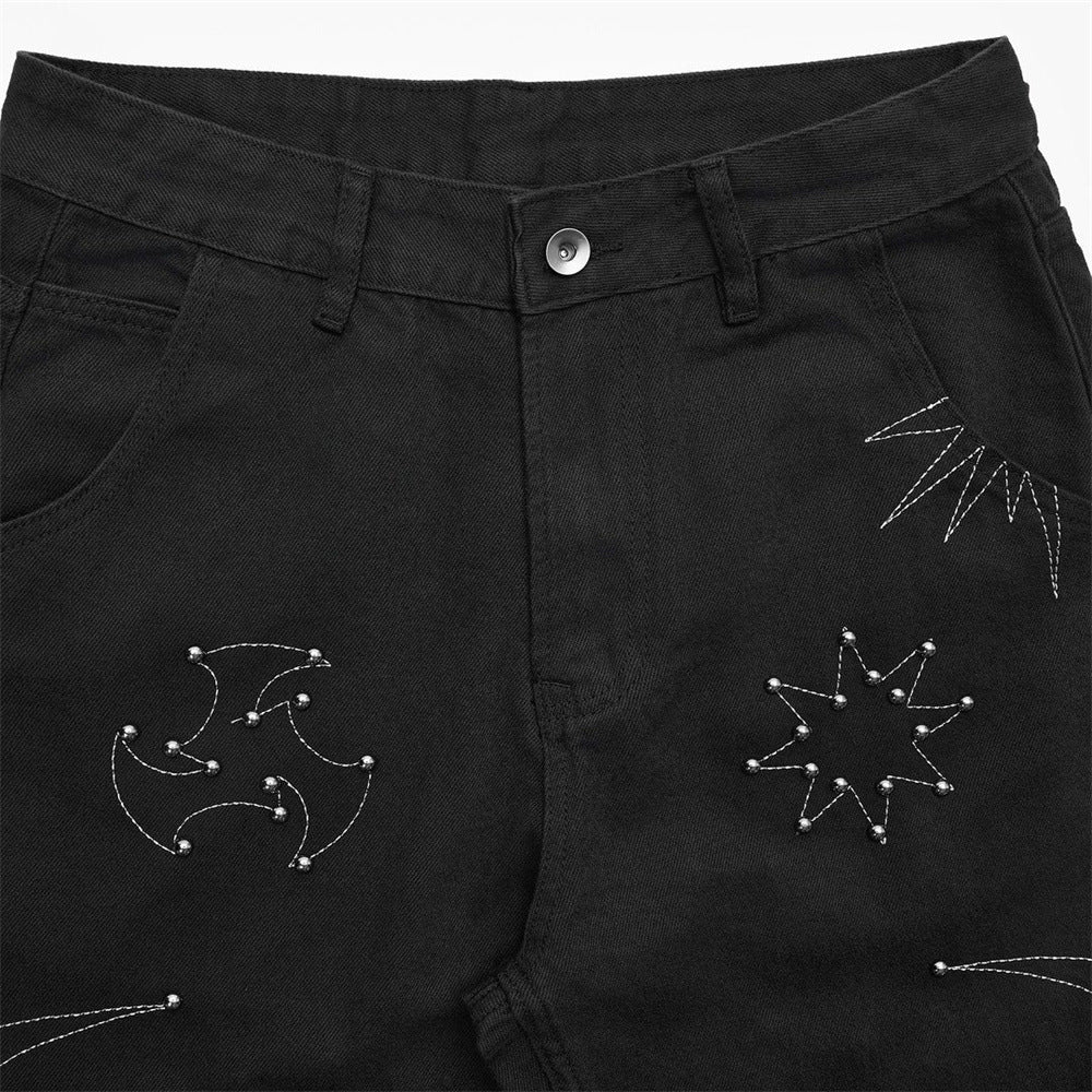 Schwarze Wide-Leg-Hose für Herren – Flammen- und Sternstickerei mit Nieten, gerade geschnitten