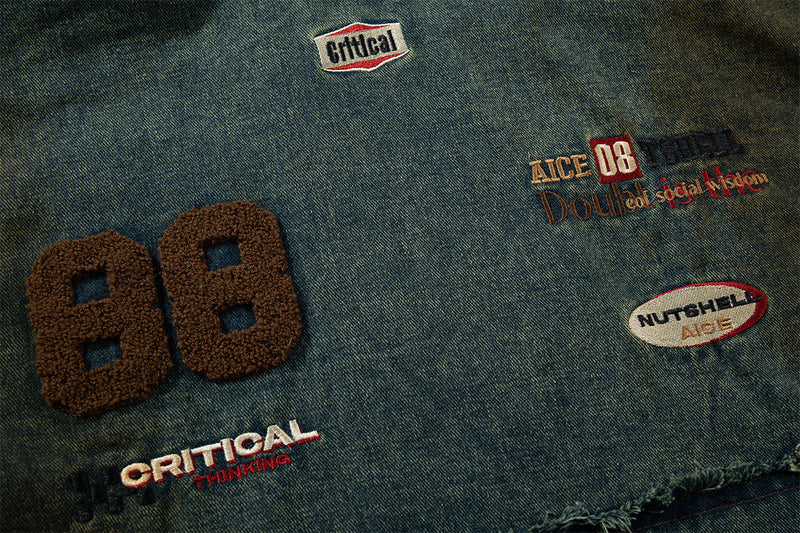 Boxy Washed Denim Hoodie Jacket with 88 Embroidered Patches