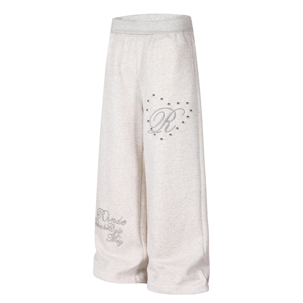 Pantalon de survêtement homme à jambes larges avec broderie 3D et clous argentés – Coupe décontractée