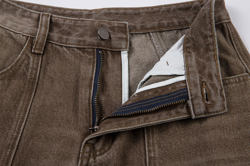 Jean cargo baggy taille haute – Denim marron délavé à jambes larges et coutures courbes