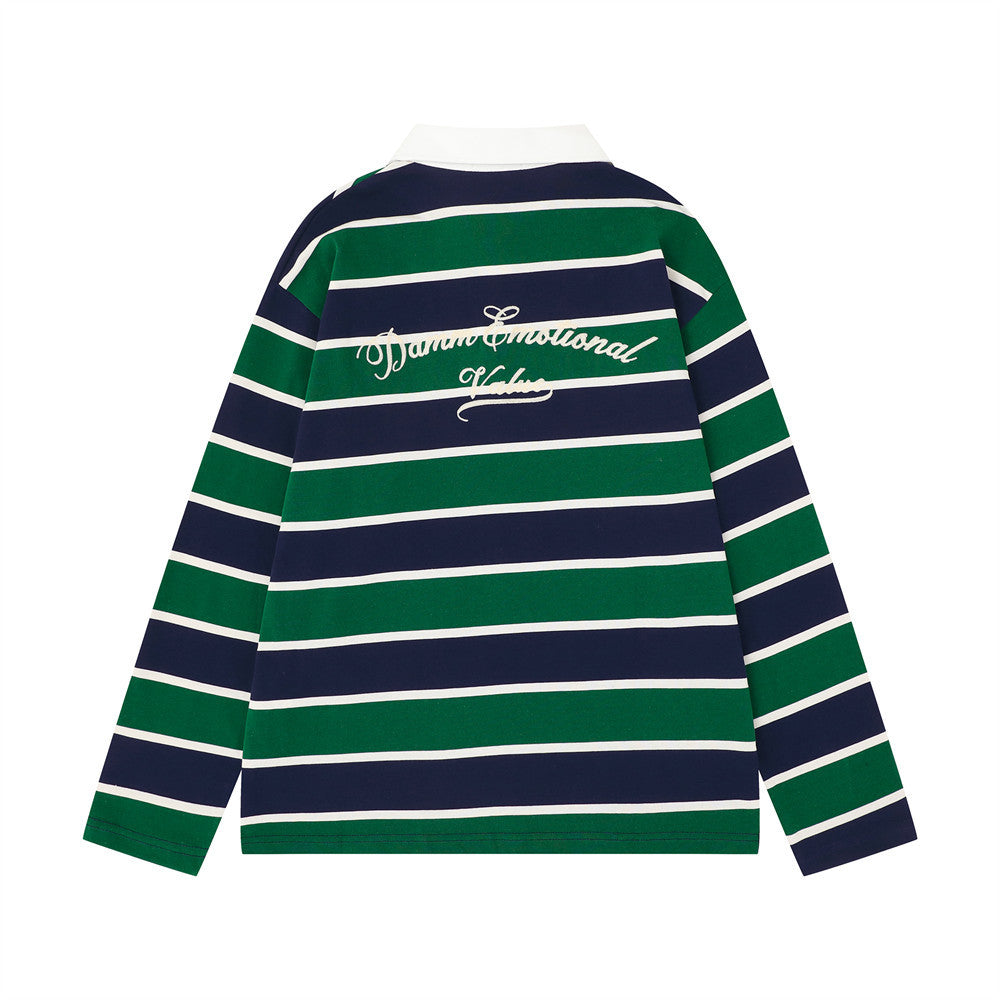 Back of green and navy striped rugby polo shirt with white script text across shoulders