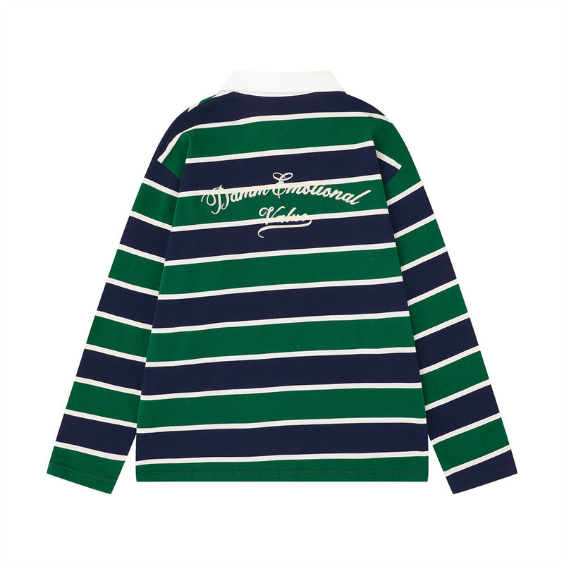 Back of green and navy striped rugby polo shirt with white script text across shoulders
