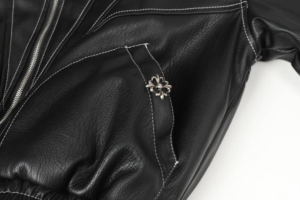Men's Studded Deconstructed PU Leather Hooded Jacket with Faux Fur Collar