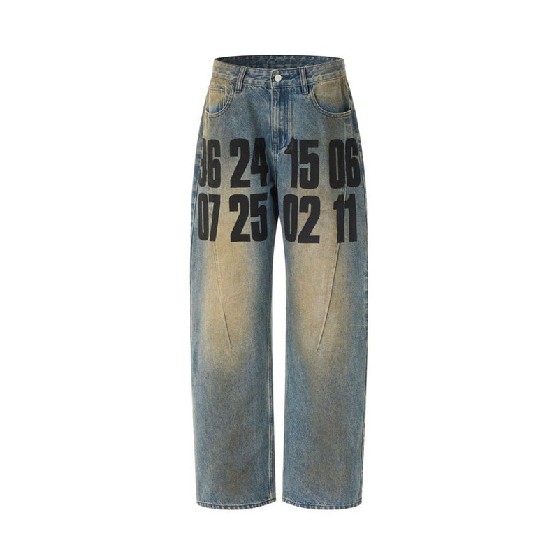 Men's Loose Fit Jeans Vintage Number Print Straight-Leg Baggy Denim Pants