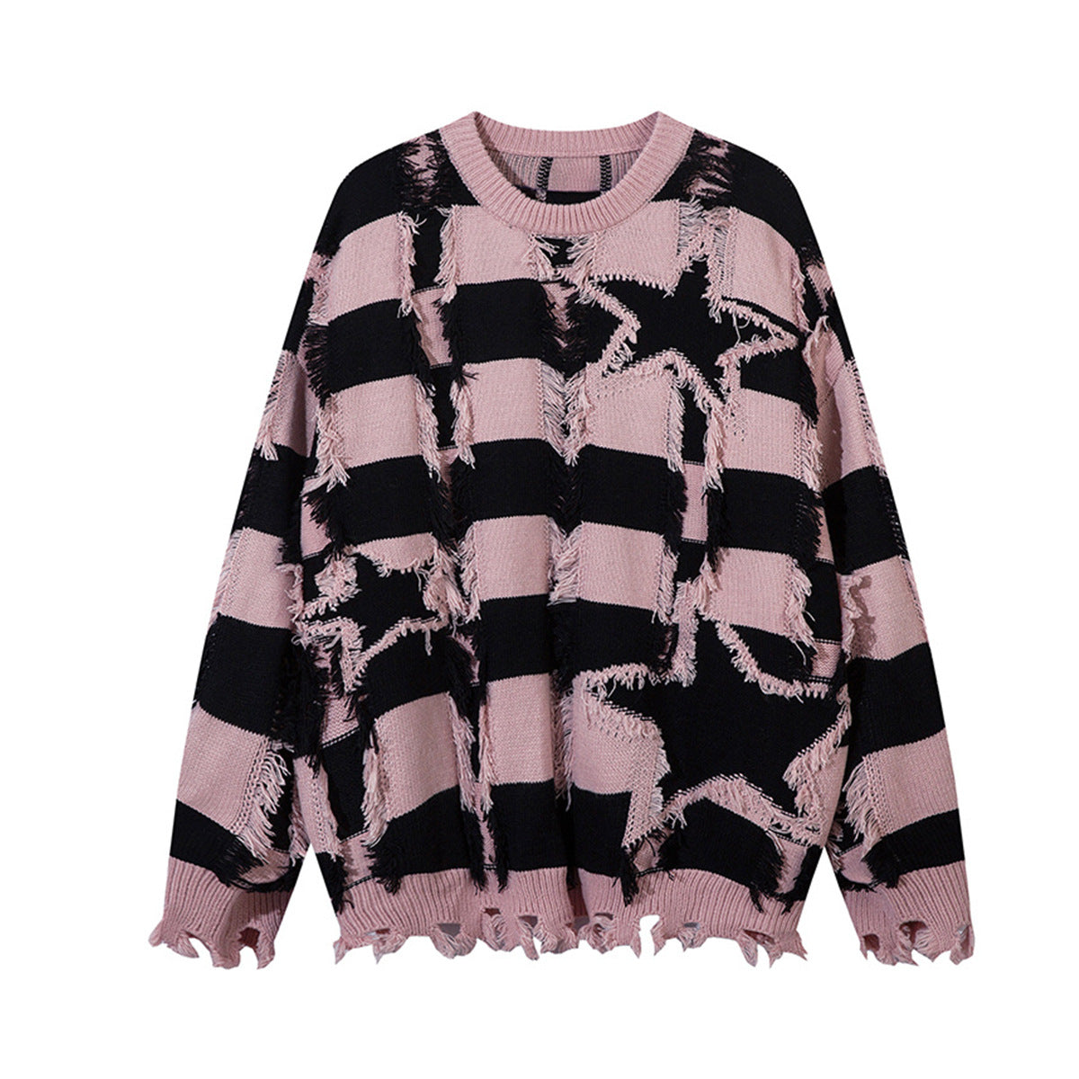 Pull oversize en maille rayée à étoiles délavée – Col rond à franges