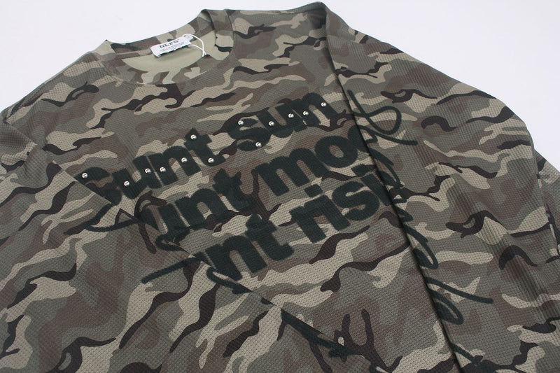 Camo Long Sleeve Waffle Shirt with Studded Graphic Print