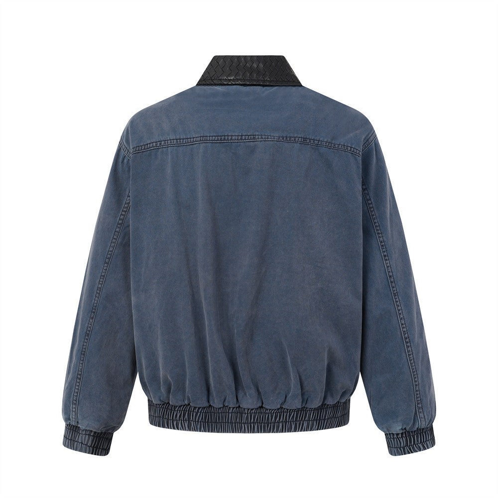 Blouson bomber en jean délavé – Col tissé en PU et coutures déconstruites