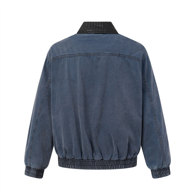 Blouson bomber en jean délavé – Col tissé en PU et coutures déconstruites