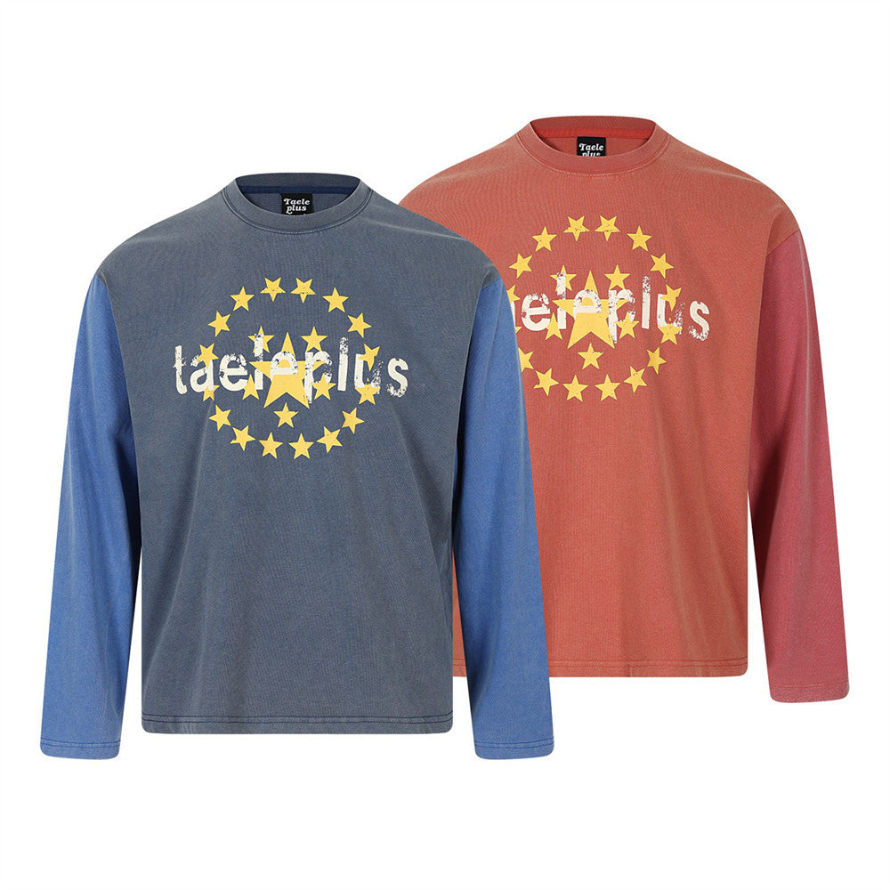 Long Sleeve Star Print Vintage Washed Oversized T-Shirt
