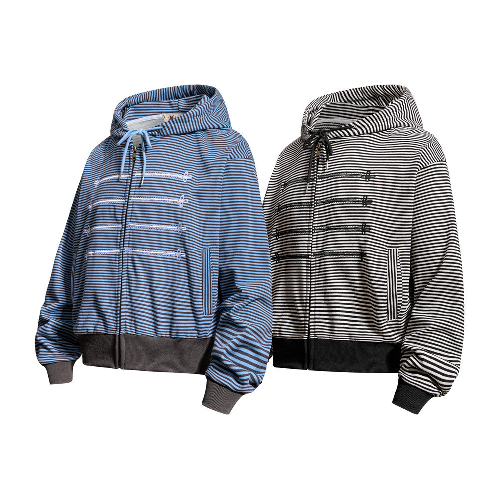 Sudadera de rayas con cremallera - Sudadera bomber corta oversize bordada para hombre