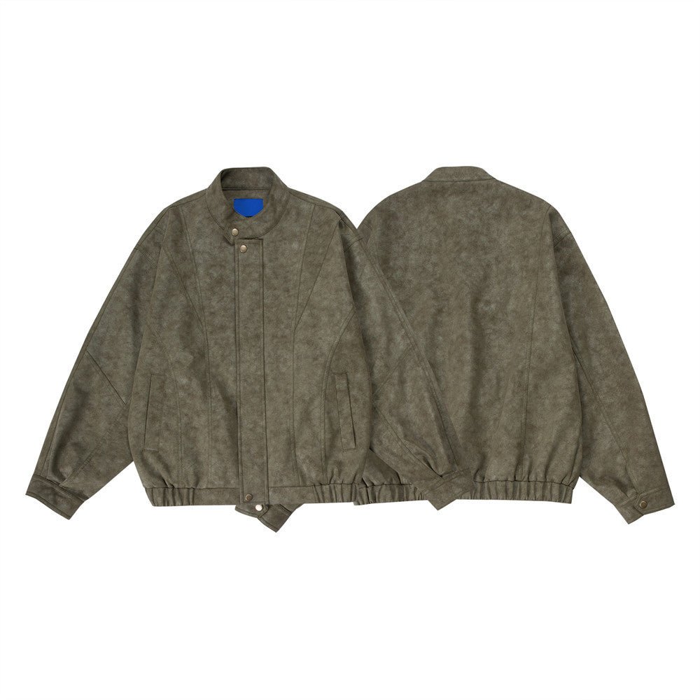 Mens Distressed Leather Jacket Oversized PU Bomber with Stand Collar — Olive