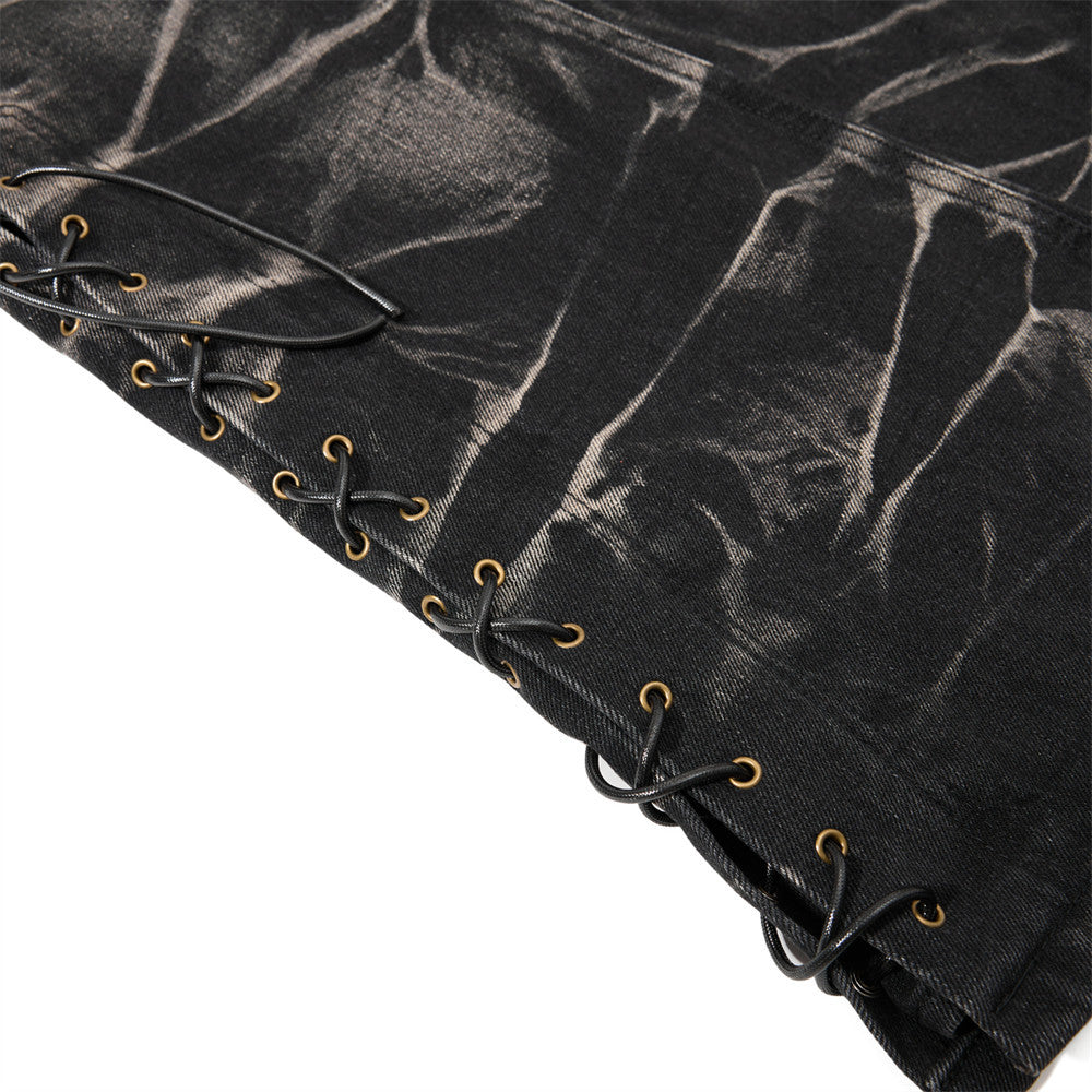 Men's Bell Bottom Jeans – Black Acid Wash Flare Leg with Lace-Up Hem & Button