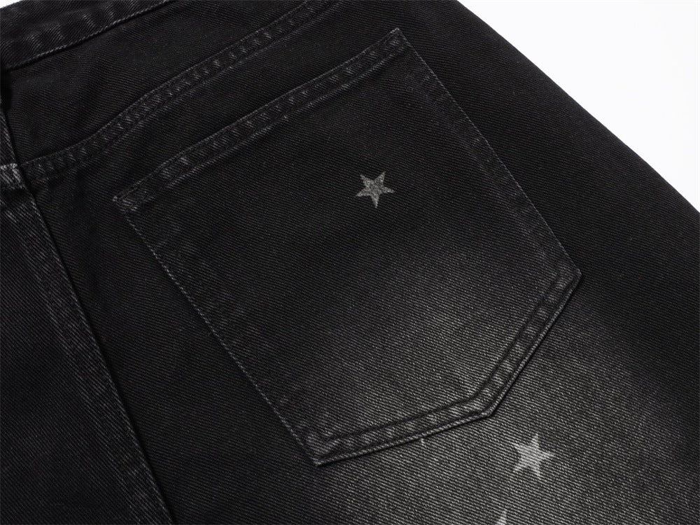 Star Print Wide-Leg Jeans – Men's Baggy Black Denim with Heart Charm