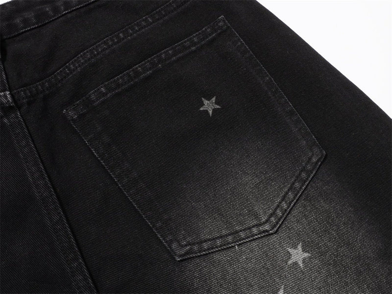 Star Print Wide-Leg Jeans – Men's Baggy Black Denim with Heart Charm