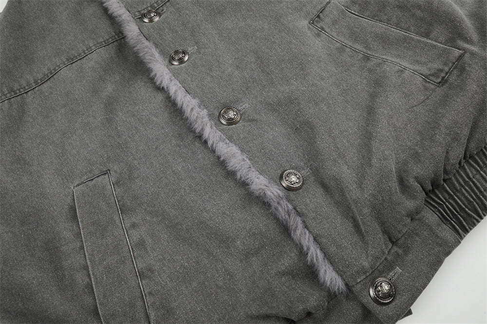 Men's Denim Jacket with Fur Lining – Washed Grey Bomber Jacket