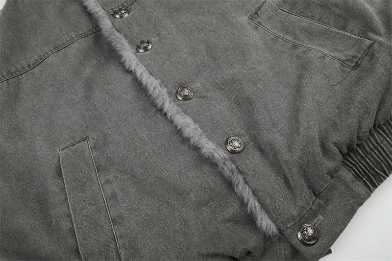 Men's Denim Jacket with Fur Lining – Washed Grey Bomber Jacket