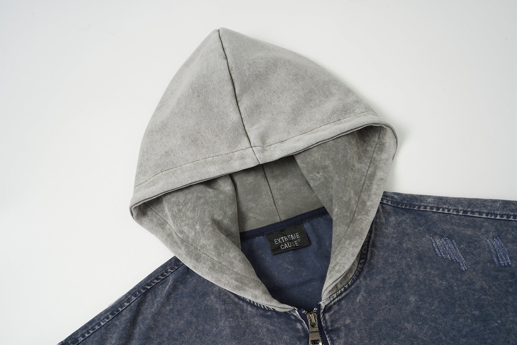 Chaqueta bomber con capucha y lavado ácido en dos tonos – Efecto falso conjunto oversize