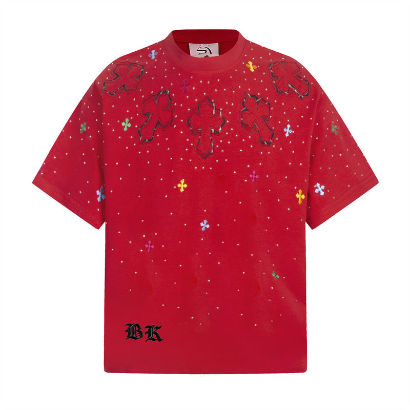 Cross Rhinestone Embroidery Oversized T-Shirt | Streetwear Graphic Tee