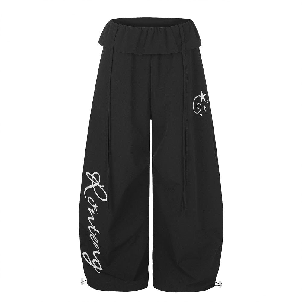 Letter Print Wide-Leg Balloon Pants – Streetwear Fold-Over Waist Casual Trousers