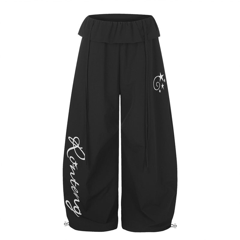 Letter Print Wide-Leg Balloon Pants – Streetwear Fold-Over Waist Casual Trousers