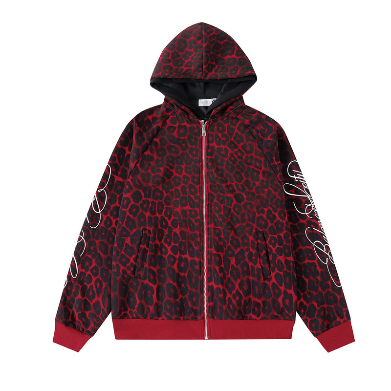 Veste hoodie zippée à motif léopard – Imprimé animal rouge et noir oversize avec