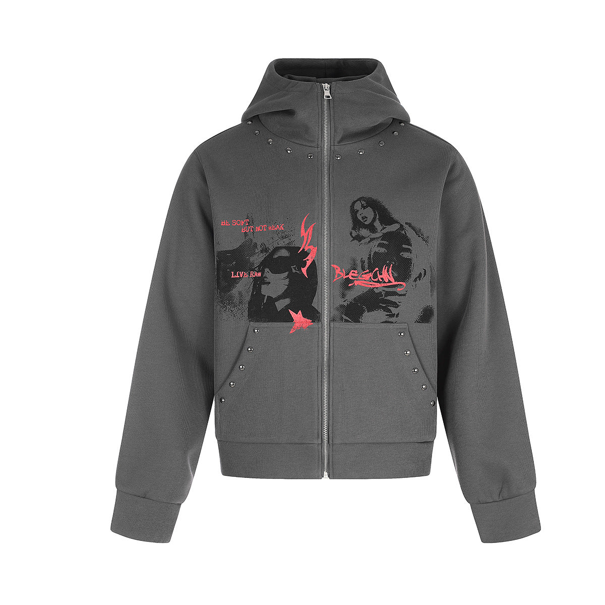 Graphic Zip-Up Hoodie – Dark Grey Studded Streetwear Cardigan with Anime Print
